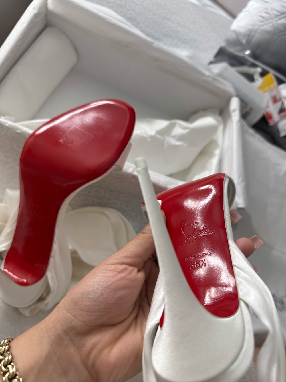 Christian Louboutin White Satin Slingback Bow Heels with Red Soles